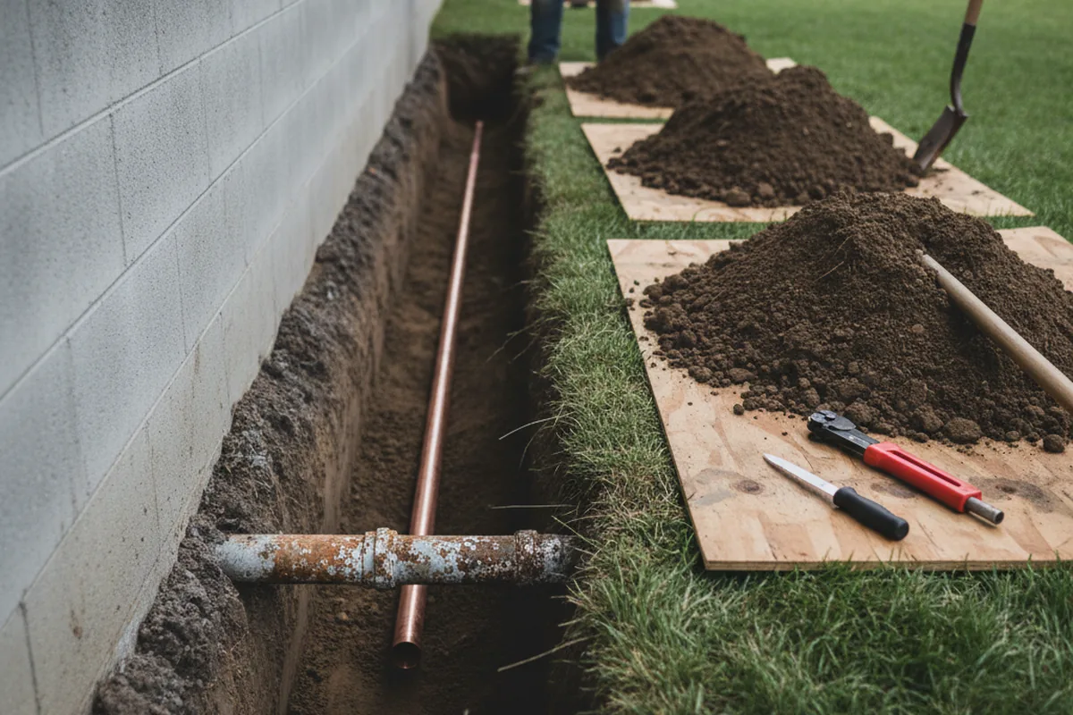 Excavated water line trench during Water Heater Repair in Runnells